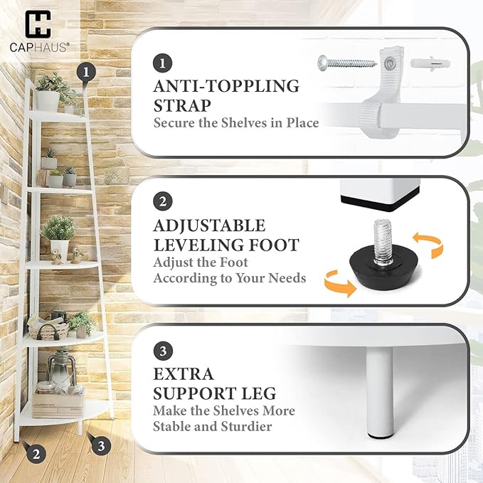 CAPHAUS Tall Corner Shelf Stand, 5-Tier Display Shelves, Ladder Corner Wood Storage Plant Bookshelf with Metal Frame, Versatile Shelving Unit Bookcase for Home Office Space, White