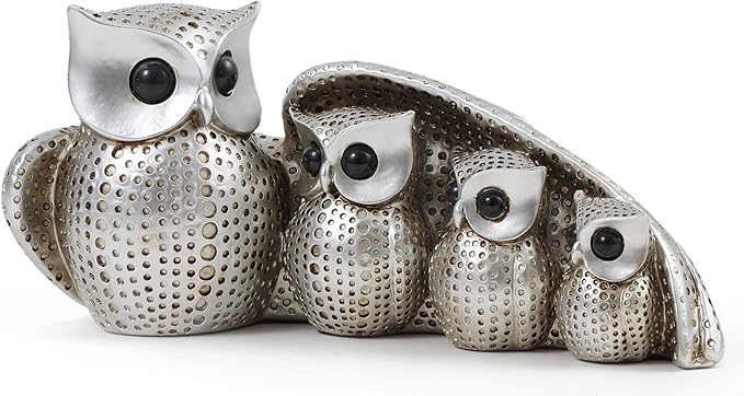 Cute Silver Family of Four owl Figurines Home Décor Sculpture with Three Baby Owls Décor for Shelf Gifts Decoration for Birds Lovers Home,Office, Bookself