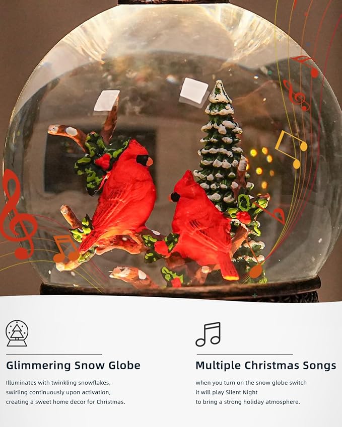 Cardinal Snow Globe, Lighted Christmas Snow Globes with Timer, Swirling Musical Glittering Snowglobe Lantern for Christmas Decorations(Cardinals)