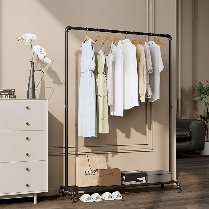 Industrial Pipe Clothing Rack with Wheels,Rolling Garment Rack with Bottom Shelf, Sturdy Metal Clothes Rack for Hanging Clothes Heavy Duty,Black Mobile Wardrobe Rack for Bedroom & Boutique