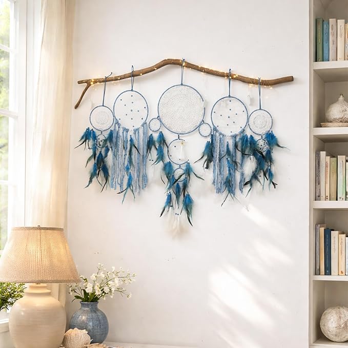 5 Pack Blue Dream Catchers for Bedroom Adult Large Boho Dreamcatcher Wall Hanging Decor with Feather Tassels Handmade Indian Art Decoration Home Ornament for Women Girls