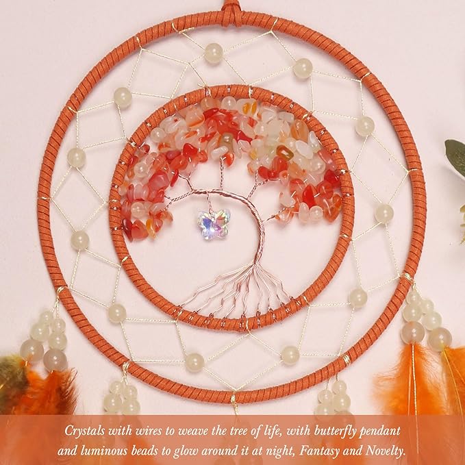 Pretty Jolly Orange Tree of Life Dream Catcher Wall Decor with Luminous Beads Handmade Crystal Stones Dreamcatchers Wall Hanging with Small Butterfly Pendant for Bedroom Wedding Party Wish Gift