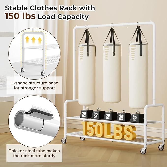MISSLO Heavy Duty Clothes Rack with Shelves 46.5" Large Rolling Clothing Racks for Hanging Clothes, Garment, Coat, White