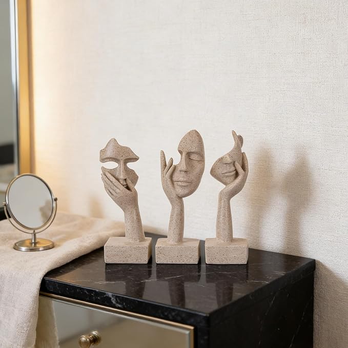 olirum 3 Pcs Thinker Large Statue Set - Resin Sandstone Art Abstract Home Accent Figurines for Living Room, Bedroom, Shelves, Office Desktop, Coffee Table Decor, Gift for Women (3 Pcs Sandstone, 9")