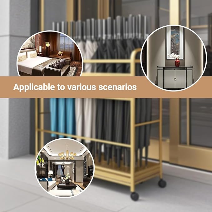 Metal Frame Commercial Umbrella Stand with Removable Drip Tray Large Capacity Heavy Duty Umbrella Holder with wheels for Entryway, Office(Black,80 * 20 * 70CM/31.5 * 7.9 * 27.6IN)