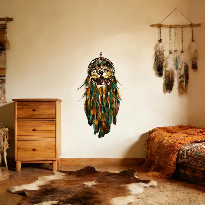 Dream Catcher Wall Hanging Decor for Bedroom Aesthetic, Handmade Traditional Wall Art with Feathers for Living Room, Nursery, Good Vibes Gift for Women,Girls,Home Decoration Wedding Party (Old Tree)
