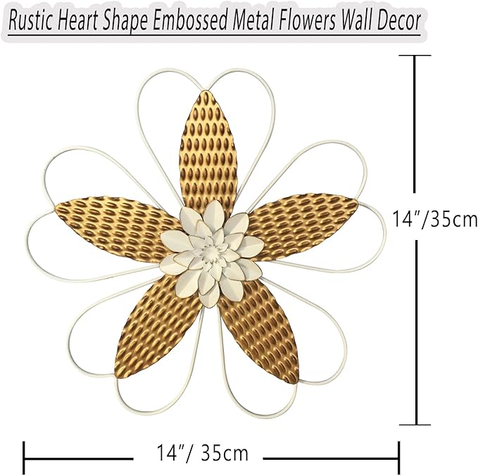 Metal Flower Wall Art Decor, 14" Rustic Modern Antique Floral Sculpture, Distressed Iron Wall Hanging Home Decoration Accent Artworks for Indoor Kitchen Bedroom Living Office Outdoor Garden Patio