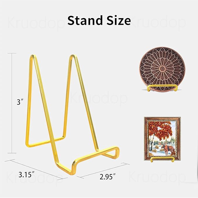 3 Pack 4 inch Metal Plate Stands for Display, Plate Holder Pictures Frame Easel Display Stand, Tabletop Picture Stand, Iron Easels for Display Photo Frames, Plates, Vinyl Record，Book, Sign（Gold）
