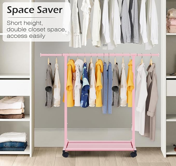 MISSLO Small Garment Racks for Hanging Clothes Rack Mini Kids Clothing Rack Rolling Dress up Storage for Toddler, Baby, Little Girl, Children, Adult(Pink)