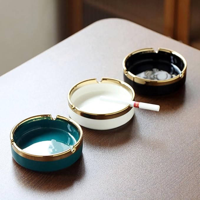 Saim Round Ceramic Gold Edge Cigar Ashtray for Cigar, Desktop Smoking Ash Tray Home Office 3.7" ×1.5" (Black)
