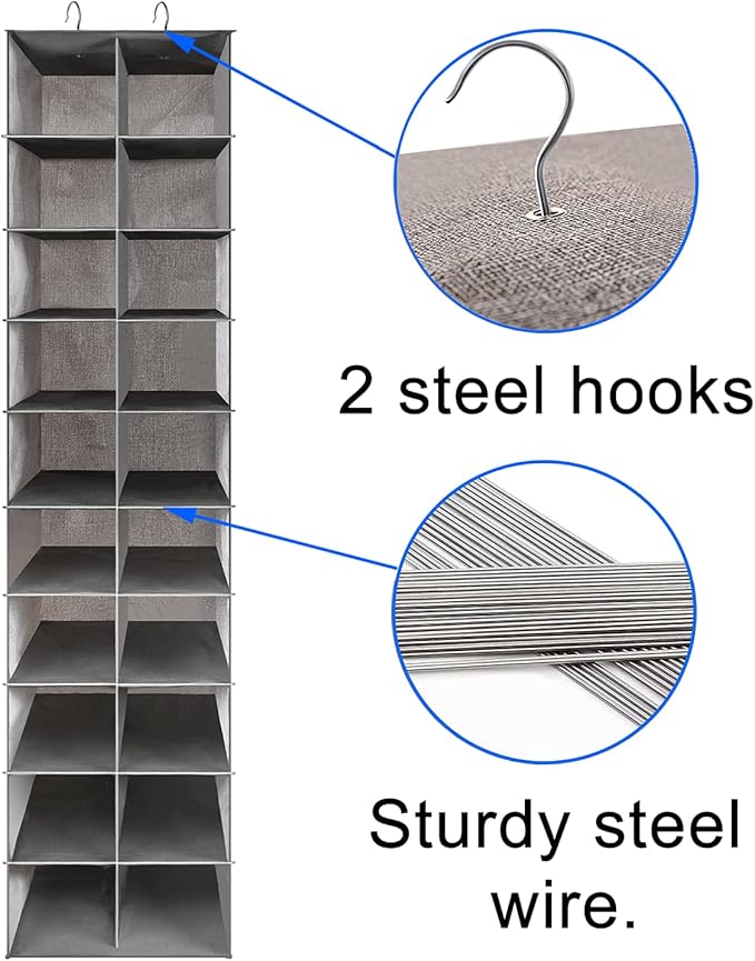 Libeder Hanging Shoe Organizer for Closet, Hanging Closet Organizers 20 Section Shoe Shelves, Space Saving Shoe Holder & Storage, Grey, 12''W×12''Dx 50''H