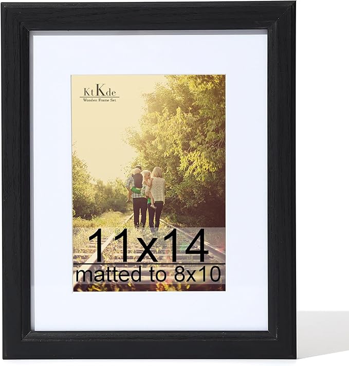 KTKDE 11x14 Picture Frame Real Glass, Display Pictures 8x10 with Mat or 11x14 Without Mat, Modern Style Wood Composite Frame,Gallery Wall Frame Wooden Black ，best gift