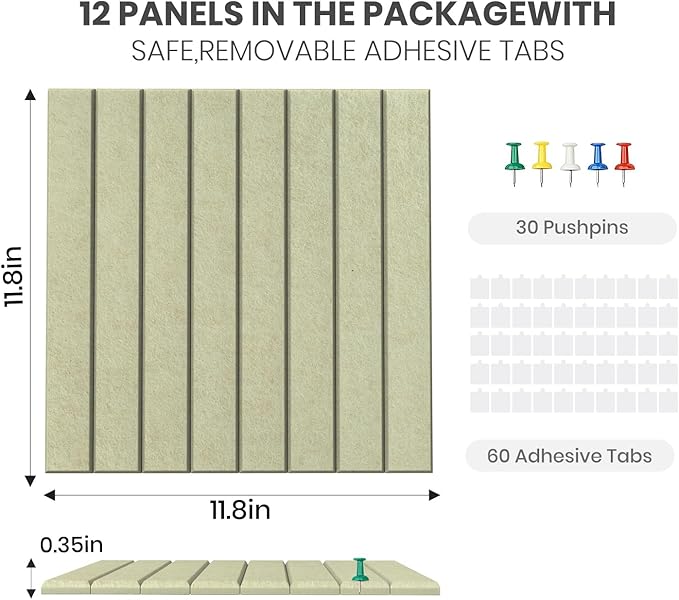 Large Cork Board Alternative 48” X 36” Felt Bulletin Board Tiles, with 30 Pushpins, 60 Adhesive Tabs,12-Pack Slat Wall Paneling, Cork Boards for Office Push Pin Board Felt Board - Sage
