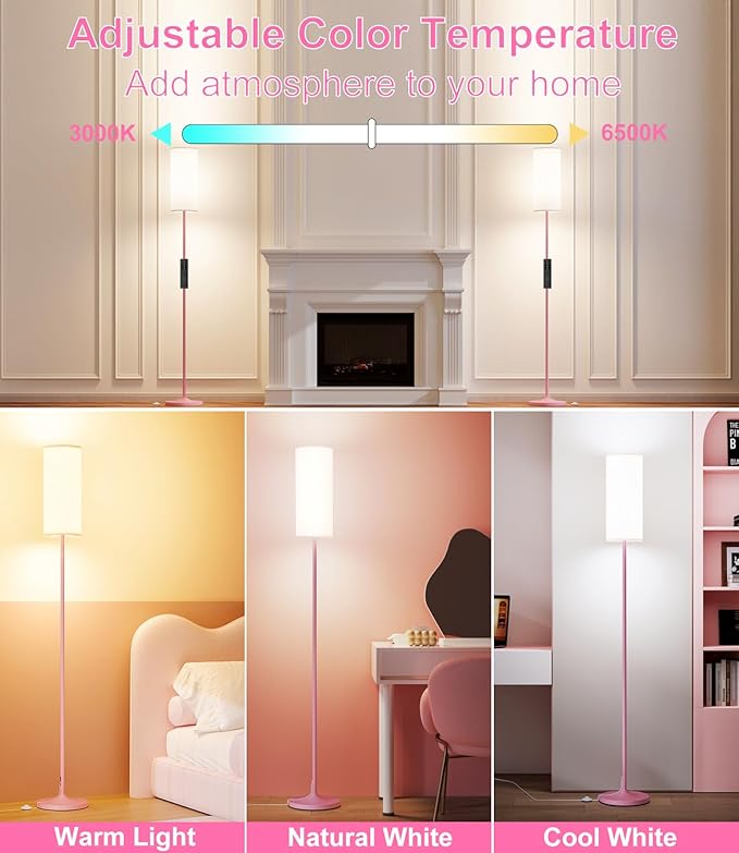 luckystyle LED Floor Lamp for Living Room, Dimmable Tall Lamps with Foot Switch,Remote Custom Color Temperature Pink Pole Lamp with Lampshade,12W Led Bulb Standing Lamps for Bedroom Office Kid Room