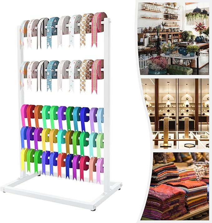 5-Tier Freestanding Ribbon Organizer Rack, White Metal Scarf Storage Display Stand for Craft Room, Gift Wrapping Paper Towel Hanger, Floor Standing Hanging Shelf for Home Store