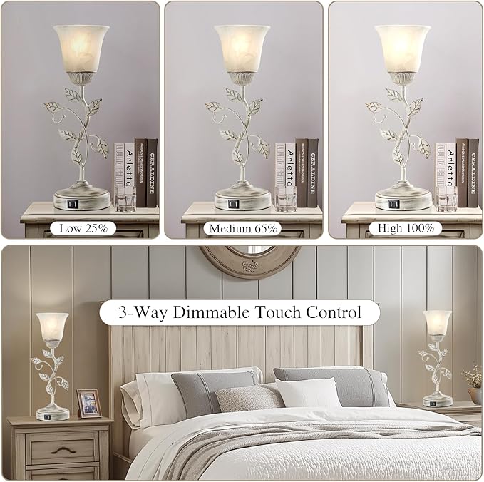 Set of 2 Rustic Touch Table Lamps for Bedroom 2 USB C+A | 3-Way Dimmable Nightstand Flower Lamp, Retro White Glass Shade Leaf Lamp for Living Room Entryway, 2 LED Bulb Included
