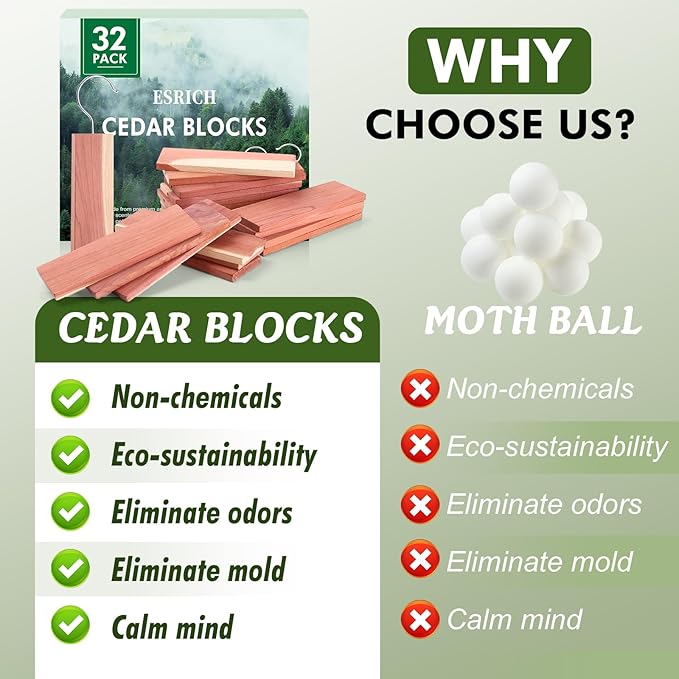 ESRICH Cedar Blocks for Clothes Storage,32 Pack with Metal Hooks,100% Natura Cedars Wood for Closets,Cedars Planks with Sandpaper,Cedar Chips for Closets and Drawers
