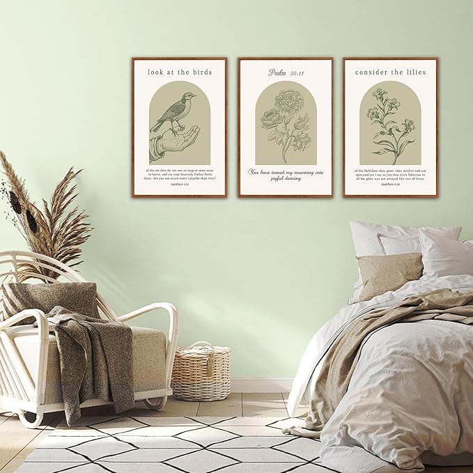 KAlRNE Sage Green Christian Wall Art Set of 3(16”X24”),Vintage Bible Verse Wall Decor,Modern Religious Birds Framed Canvas Paintings,Scripture Lilies Art Prints For Living Room Bedroom Office Church
