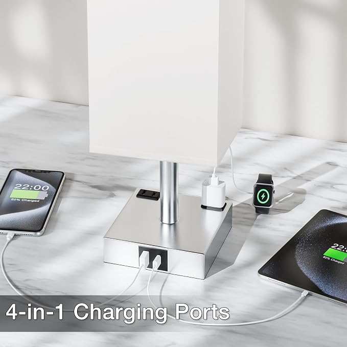 Touch Bedside Table Lamp for Nightstand - 3-Way Dimmable Night Lamp with USB A + Type C Charging Ports and Two AC Outlets, Small Desk Light with E26 LED Bulb for Bedroom Living Room Dorm Office,White