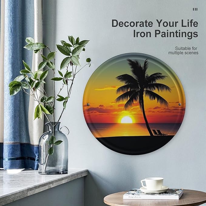Wall Picture, with Sunset Palm Tree Printed Circular Iron Hanging Picture,Wall Art Decor,Home for Bedroom Living Room Bathroom Decor,Iron Painting 11.8X11.8 in