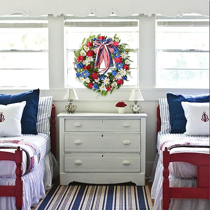 20inch Patriotic American Wreaths for Front Door,4th of July Independence Day Wreath Red White Blue Wreath for Window Door Decoration