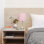 Oslo 19.5" Contemporary Bedside Power Outlet Base Standard Metal Table Desk Lamp in Brushed Steel with Light Pink Drum Fabric Shade