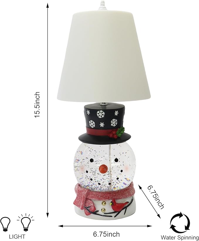 MOMENTS IN TIME Christmas Snowman Table Lamp with Glitter Spinning Water Globe, LED Lighted Holiday Lamp with Fabric Shade, USB or Battery Operated, 17.5 Inch Decorative Home Decor