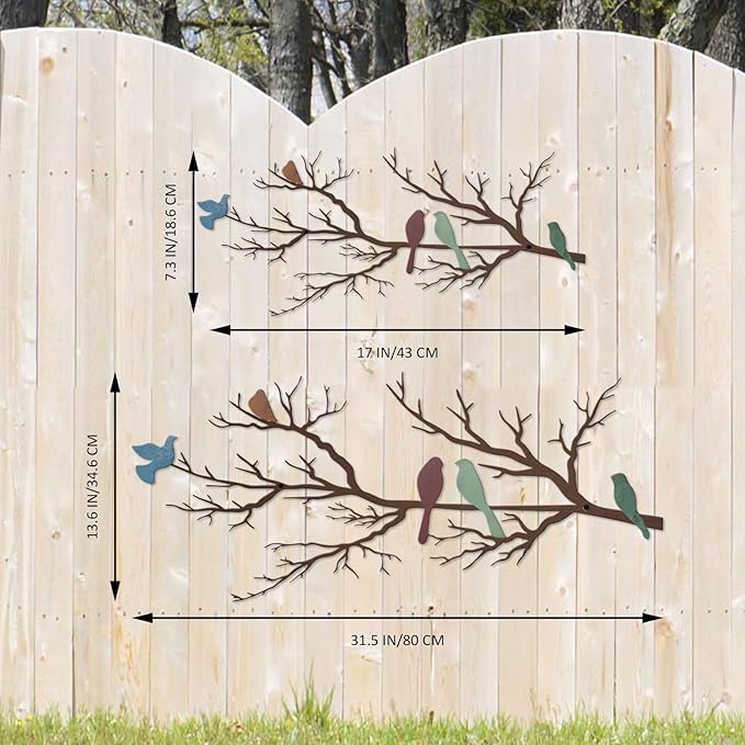 ESTART Metal Birds Wall Art, Metal Vivid Birds on Branch Silhouette Wall Decor Leaves with Bird Outdoor Hanging Wall Sculpture for Home Living room Bedroom Balcony Garden (Colorful, Small)