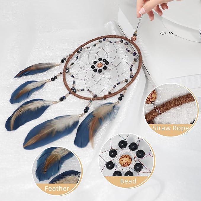 Blue Dream Catcher, Handmade Rattan Large Dreamcatcher Ornaments with Feathers and ABS Beads, Hanging Wall Decoration for Bedroom, Living Room to Have a Good Mood and Sleep (Blue)