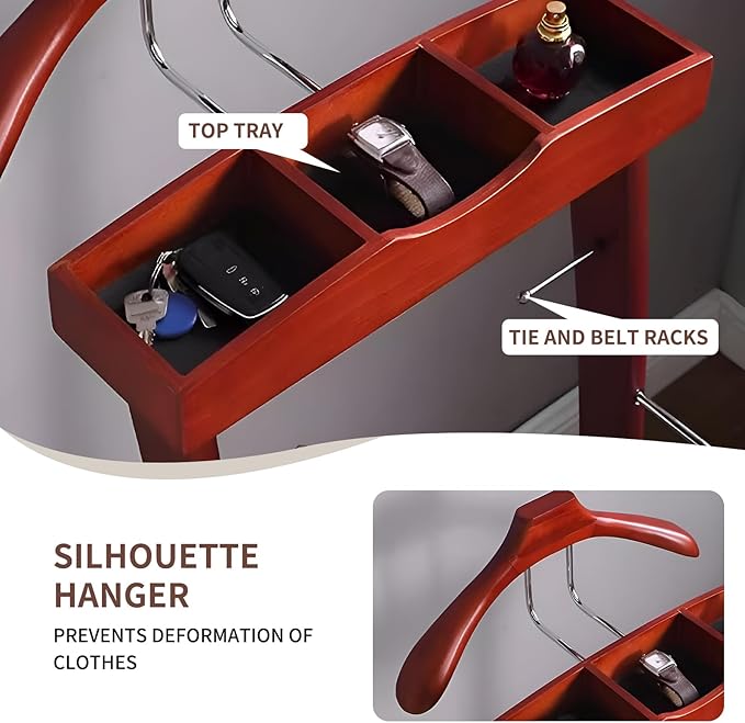 Wooden Suit Valet Stand, with Wheels mobile Floor Standing Suit Coat Stand With Contour Hanger Trouser Bar And Top Storage Tray, Freestanding Valet Stand for Men Women Office Living Room Wine red