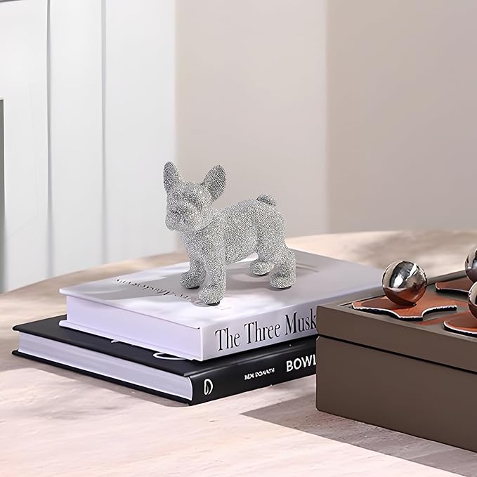 French Bulldog Statue,Resin Sparkly Frenchie Dog Sculpture Decor for Home Living Room Office Bedroom Shelf Desktop Decorations,French Bulldog Gifts for Men and Women,Silver