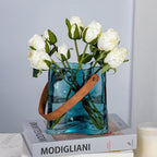 Glass Purse Vase for Flowers Deep Sea Blue Vases for Centerpieces Glass Bag Vase with Leather Handle Small Bag Vases for Decor Decorative Fish Bowl for Home Wedding Decor