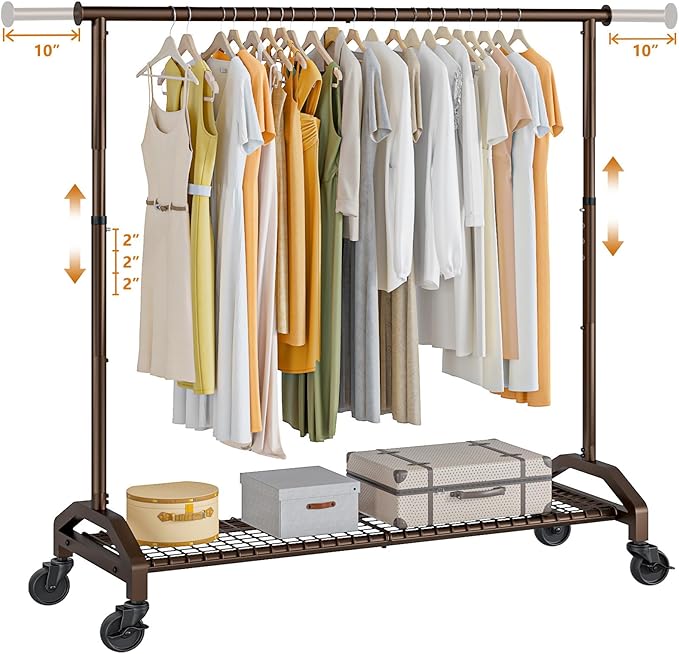 Heavy Duty Clothes Rack for Hanging Clothes Extendable Rolling Clothing Rack for Hanging Clothes 51 to 71" W x 16.53" D x 65" to 71" H 350lbs Snap Adjust Height Coat Rack