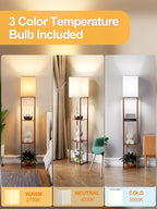 Floor Lamp with Shelves for Living Room Walnut Brown, Shelf Floor Lamp with 3 CCT LED Bulb, Corner Display Standing Column Lamp Etagere Organizer Tower Nightstand with White Linen Shade for Bedroom