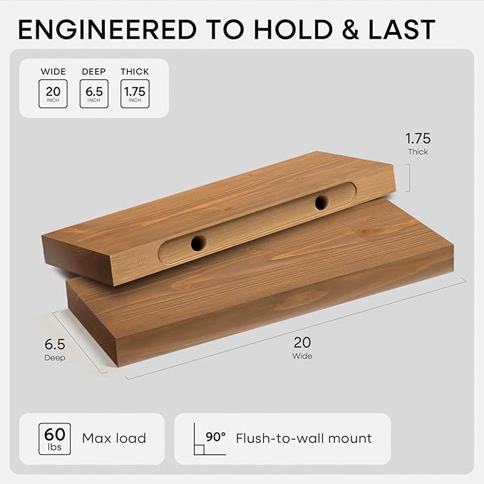 Homeforia 20 inch Golden Oak Floating Shelf, High End Solid Real Wood 20inch Small Floating Shelves for Wall Mounted, Oak Wooden 20in Floating Shelves, Heavy Duty Bracket, 20 X 6.5 X 1.75 in, Set of 4