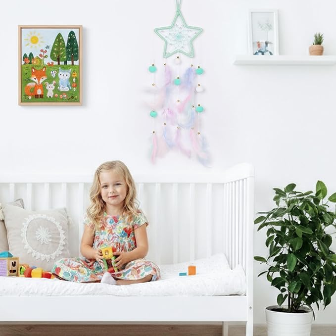 Pretty Jolly Green Star Kids Dream Catcher Wall Decor Pompom Feather Baby Dreamcatcher Handmade Children Dream Catcher Home Décor Wall Hanging for Nursery Bedroom Boys Girls Birthday Gift-25.6in