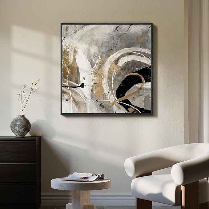 Framed Neutral Abstract Wall Art, Modern Gray Black Gold Canvas Prints Artwork for Walls, Contemporary Square Pictures for Living Room Bedroom Dining Room Hallway Office Wall Decor, 30x30 In