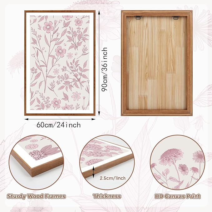 KAIRNE Floral Wall Art Set of 3,Framed Vintage Botanical Flower Canvas Prints,Pink and White Minimalist Wildflower Artwork,Modern Farmhouse Boho Decor for Living Room Bedroom Office Kitchen,16X24 inch