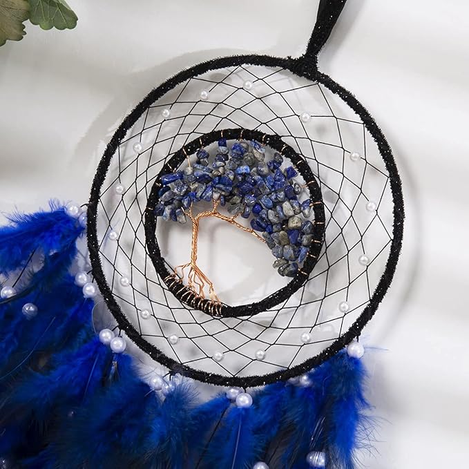 Dream Catcher, Handmade Dreamcatcher with Healing Crystal Stone, Tree of Life Dream Catchers Hanging Ornament for Home Bedroom Birthday Party, Perfect Craft Gift for Kids… (Blue)