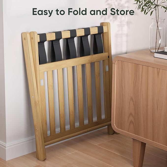 Fully Assembled Luggage Racks Pack of 2, Folding Suitcase Stand with Storage Shelf, Bamboo Luggage Stand with 5 Nylon Straps for Guest Room, Bedroom, Heavy Duty, Natural