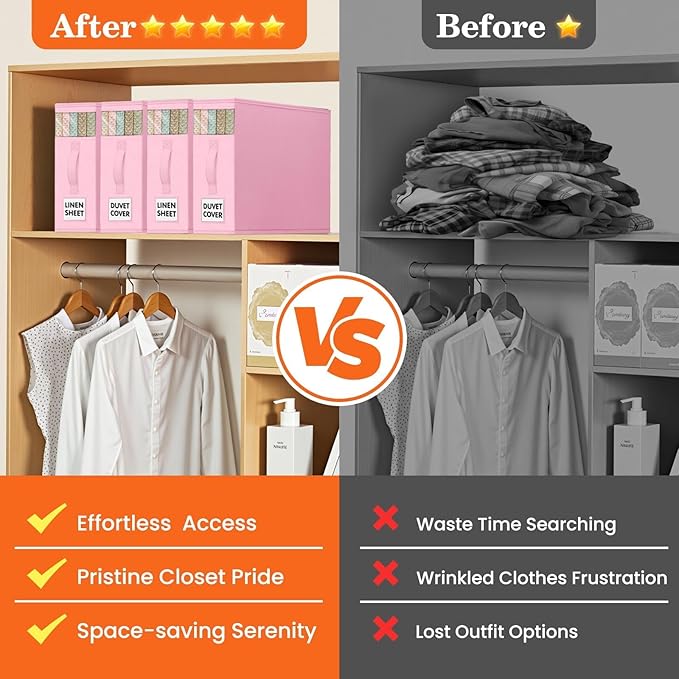WOWBOX Sheet Organizers and Storage,Closet Bed Sheet Organizer Under Bed Storage and Organization with Label Cards & Clear Window for Bedding Sheets,Duvet Covers,Blankets (10 Pack，Pink)