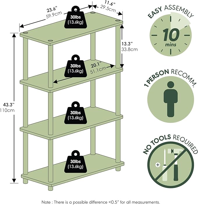 Furinno TURN-N-TUBE Storage Shelves, 4-Tier Toolless Book Shelf, Corner Shelf, Toolless Open Shelves, for Organization and Storage, Living Room, Garage, Home Office, Walnut