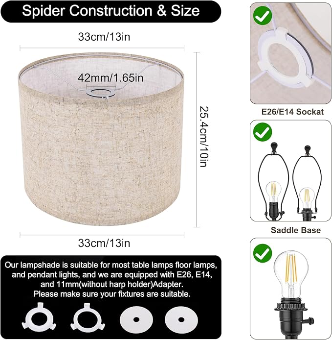 Beige Lamp Shade, Large Drum Lampshade 13''Top X 13'' Bottom X 10'' High, Replacement Lamp Shade Natural Linen Hand Crafted for Table Lamps Floor Lamps Chandelier Lamp, Easy Assembly Required