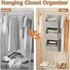 Hanging Closet Organizer 3 Shelf Collapsible Bedroom Closet Organizers and Storage Hanging with Mesh Pockets for Clothes, Fabric Hanging Storage Bins for Wardrobe Closet Organization and Storage, Grey