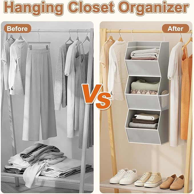 Hanging Closet Organizer 3 Shelf Collapsible Bedroom Closet Organizers and Storage Hanging with Mesh Pockets for Clothes, Fabric Hanging Storage Bins for Wardrobe Closet Organization and Storage, Grey
