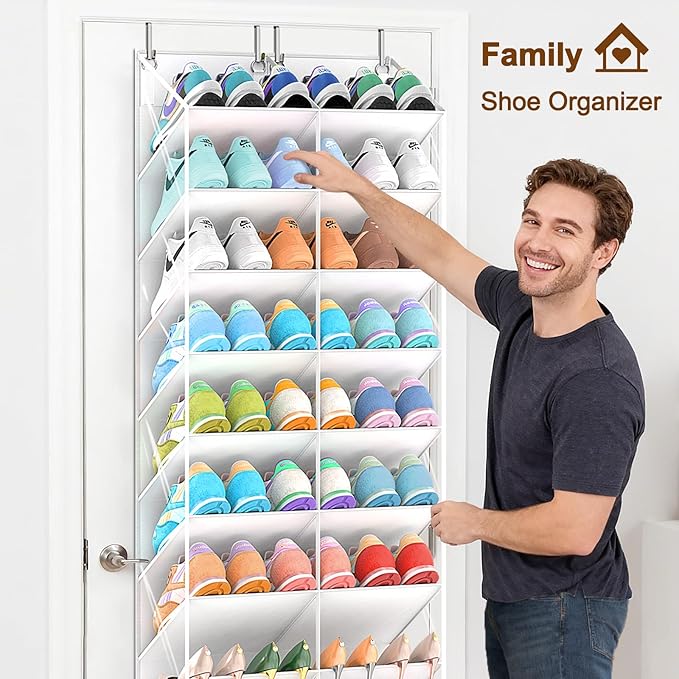 20-30 Pairs Over the Door Shoe Organizer, Clear Pockets Hanging Shoe Storage for Closet, 10-Tier Door Shoes Rack, Handing Shoes Holder Fit All the Family's Sneakers, Boots, Heels, White