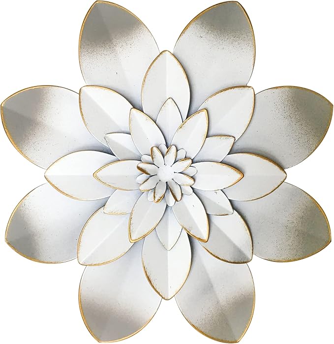 White Metal Flower Wall Art Decor, 9.5“ Rustic Modern Floral Sculpture, Distressed Hanging Home Decoration Accent Artworks for Indoor Bedroom Living Room Office Outdoor Garden Patio