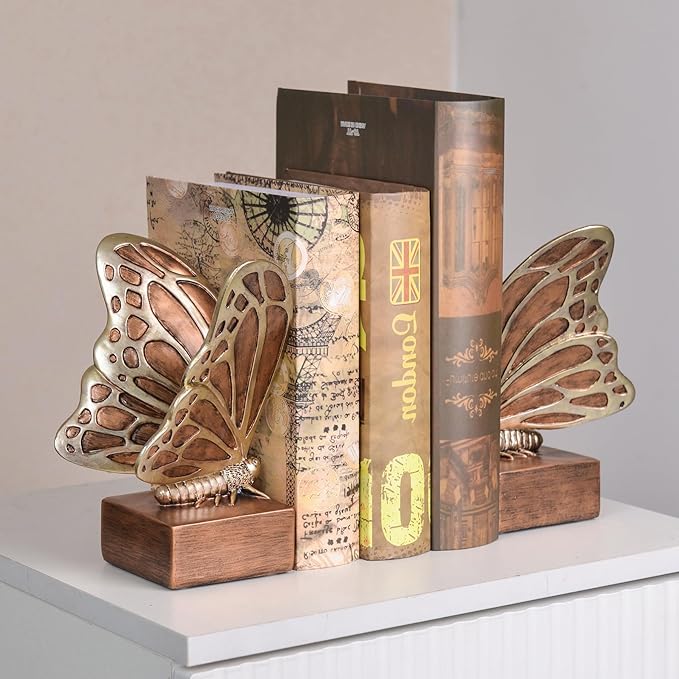 Vintage Brown Butterfly Bookends,Resin Book Ends for Shelves,Heavy Duty Decorative Bookends,Creative Book Stopper Holder Decor for Desk Home Office,Shelf Decoration,Gifts for Mother's Day
