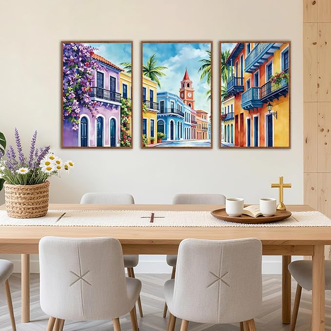 KAlRNE Vintage Cityscape Framed Canvas Wall Art Set of 3(24”X36”),Watercolor Street Scenery Wall Decor,Colorful Tropical Building Painting,Texture Botanical Art Prints For Living Room Bedroom Office
