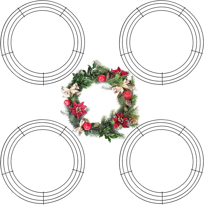4 Pack Wreath Frame 14 Inch Wire Wreath Frame Round Metal Wreaths Form Dark Green Wire Wreaths Ring for Halloween Thanksgiving Christmas Front Door Outdoor Home Decorations Party Supplies DIY Craft